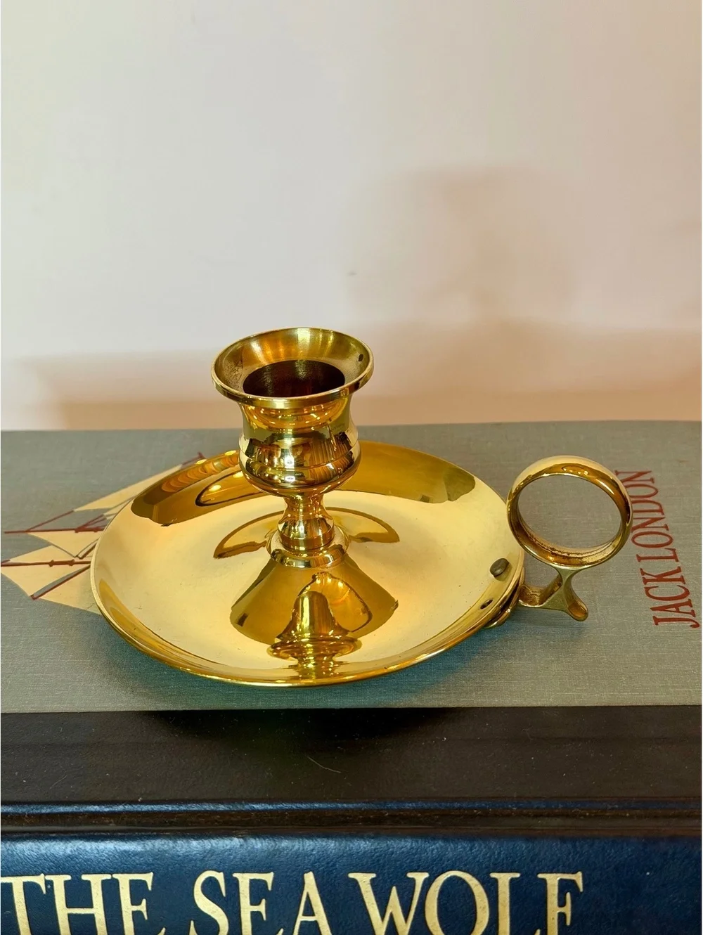 Vintage Solid Brass Chamberstick Candle Holder Finger Loop Handle Gold Tone